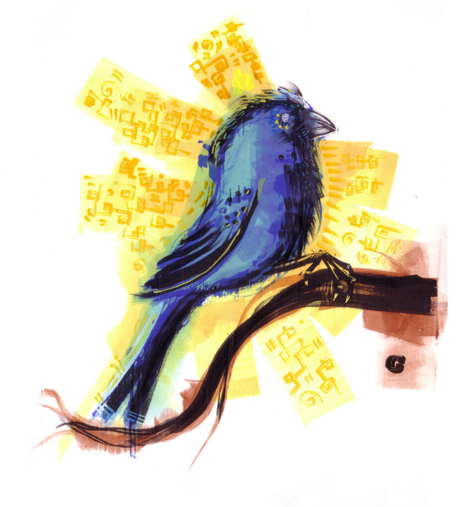 Personal piece part of a series on birds of an indigo bunting perched on a branch a yellow background