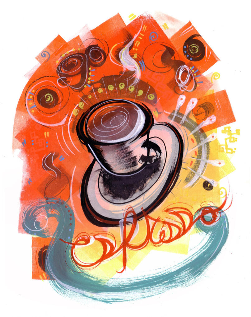 Personal piece of a white cup of espresso on a multi color yellow and red background with whimsical decorative elements to add depth and texture